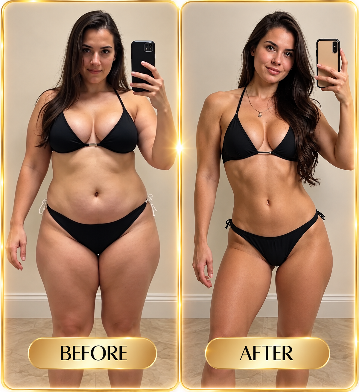 Real before and after result, front mirror selfie