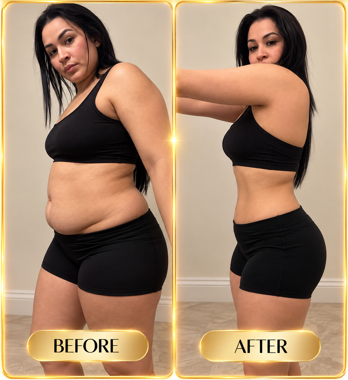 Real before and after result, waist profile view