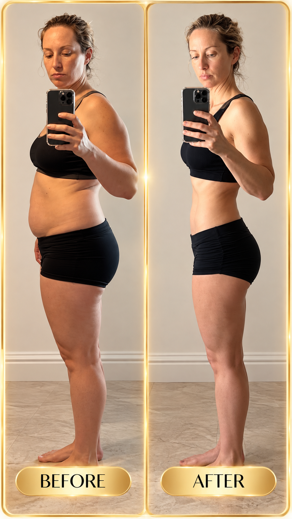 Real before and after result shown in a mirror selfie