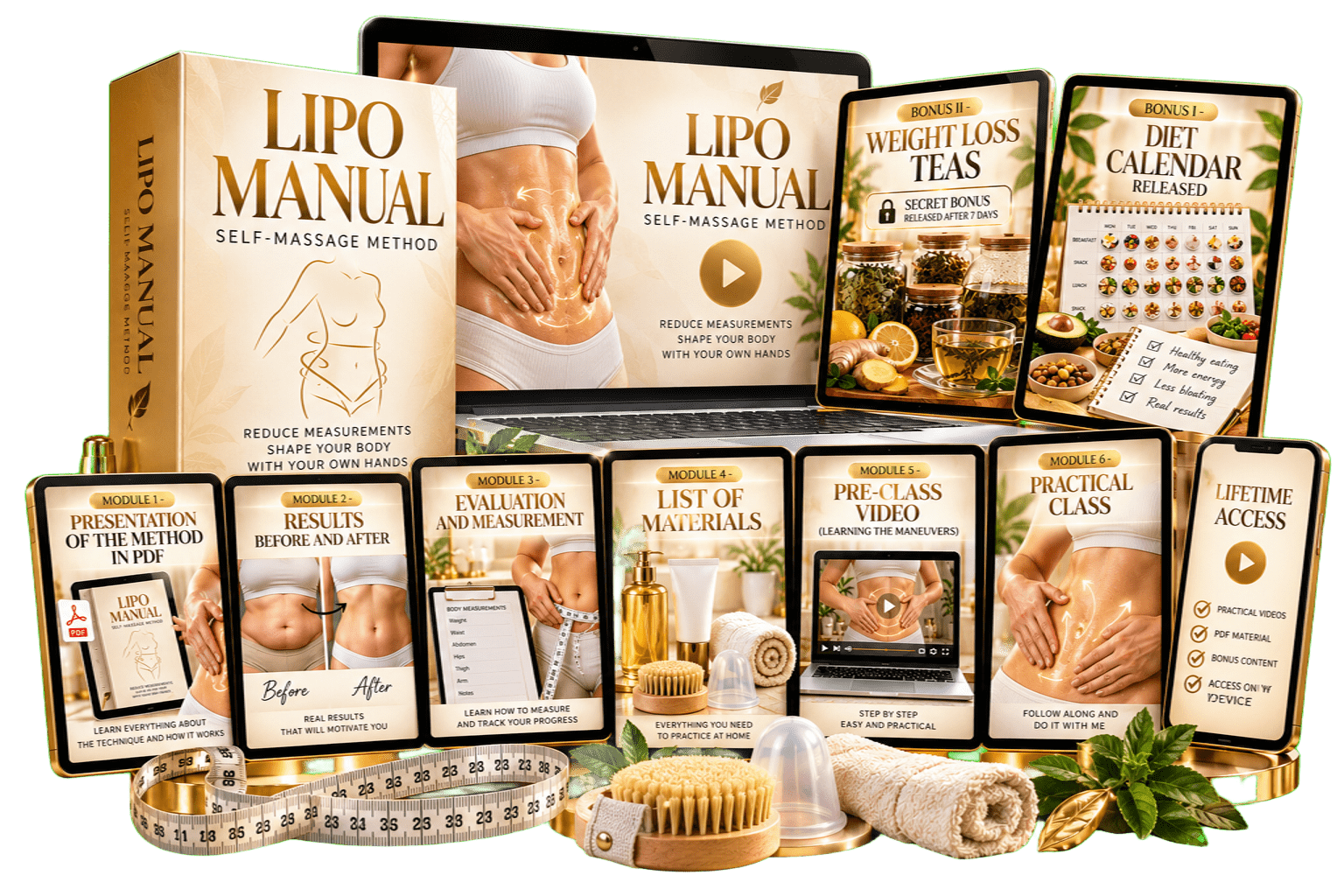 Everything included: Lipo Manual course box, video lessons, modules and bonuses on tablet and phone