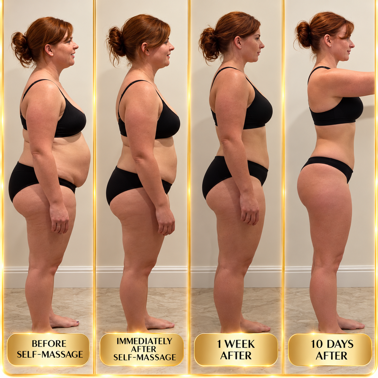 Four-stage evolution: before self-massage, immediately after, one week after and ten days after