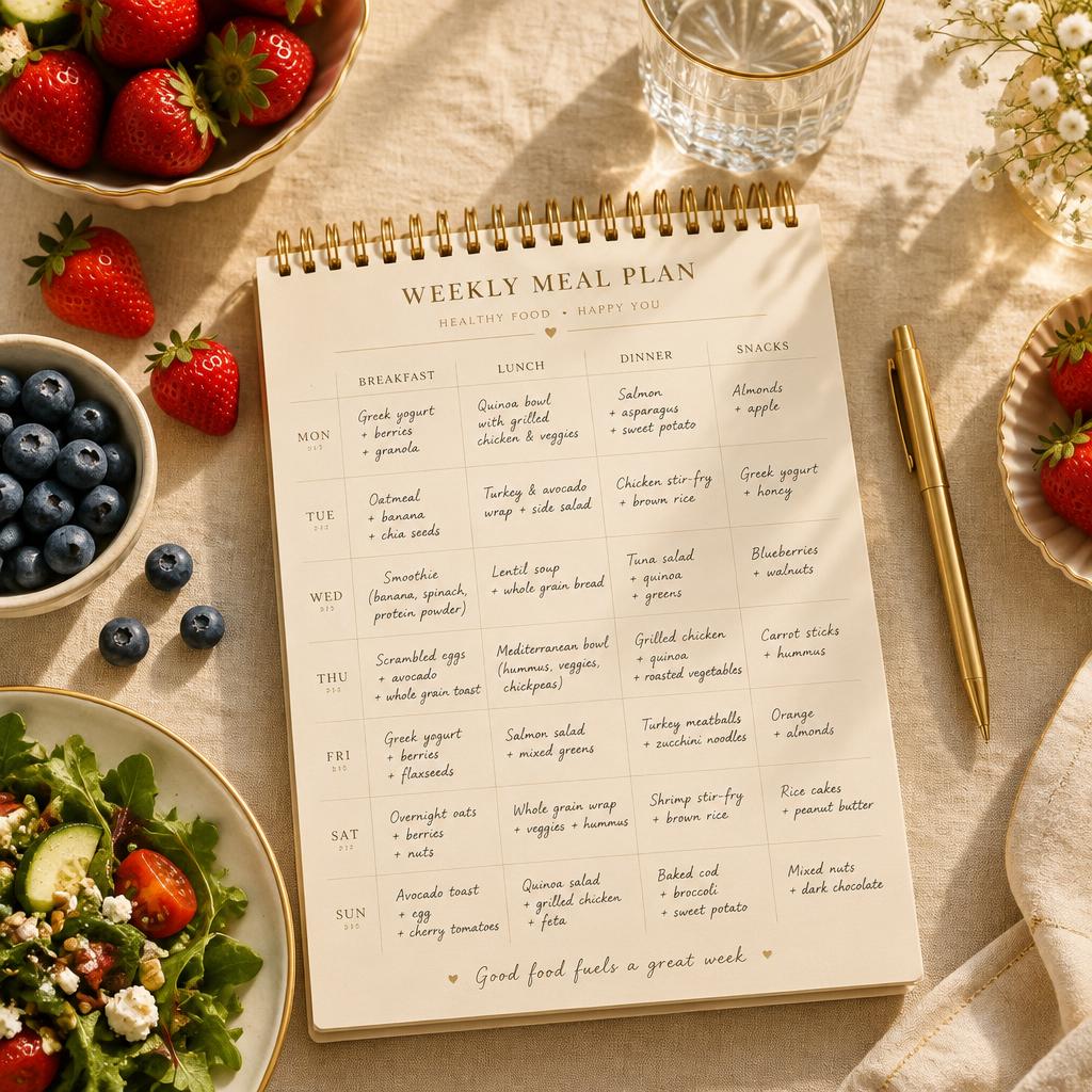 Weekly meal plan calendar with fresh fruit, salad and a gold pen
