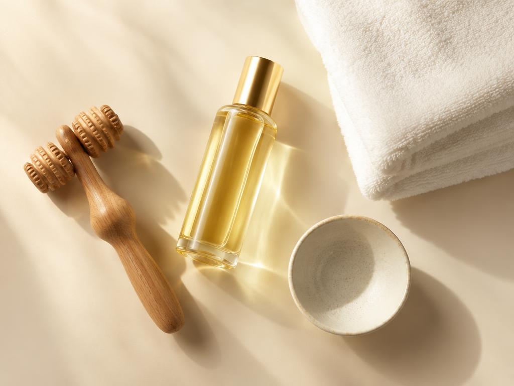 Body oil, wooden massage roller and white towel