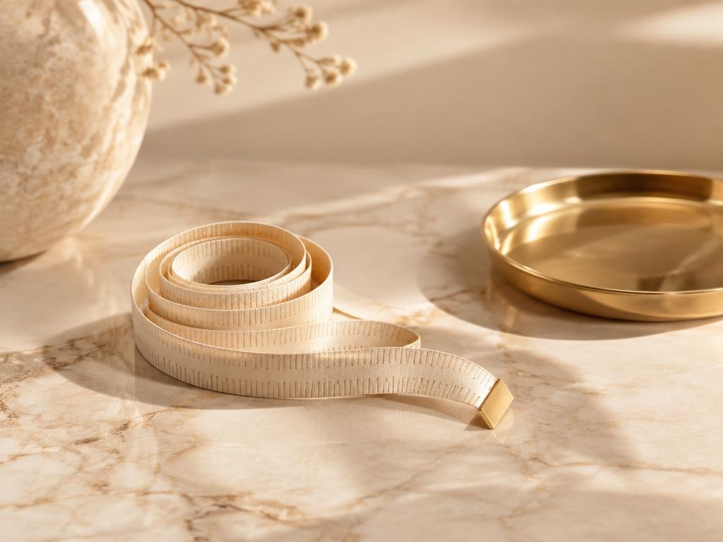 Cream measuring tape coiled on marble beside a gold tray
