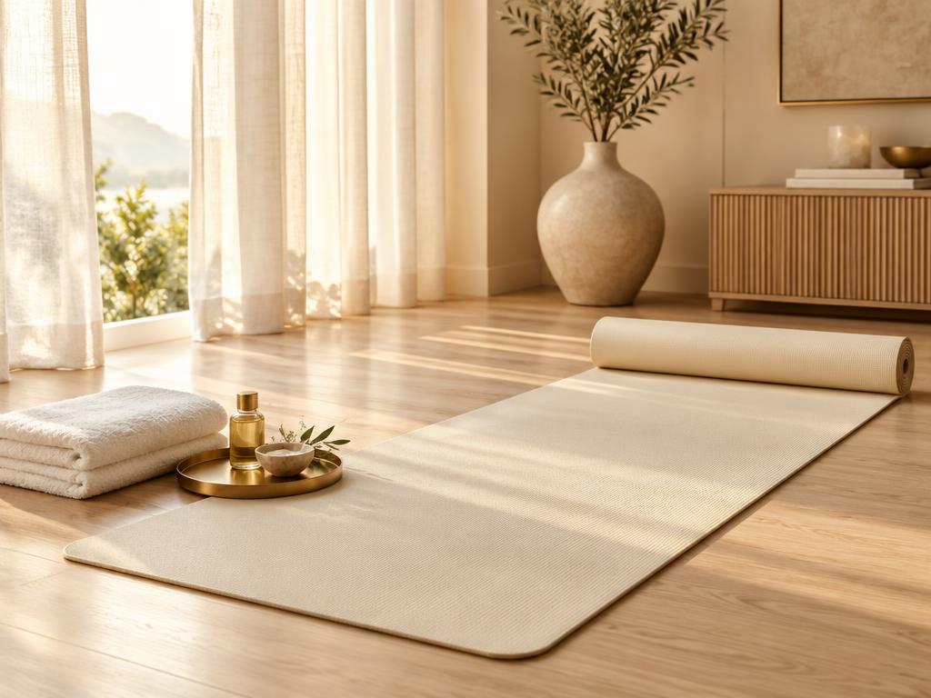 Cream mat prepared on a wooden floor in warm light