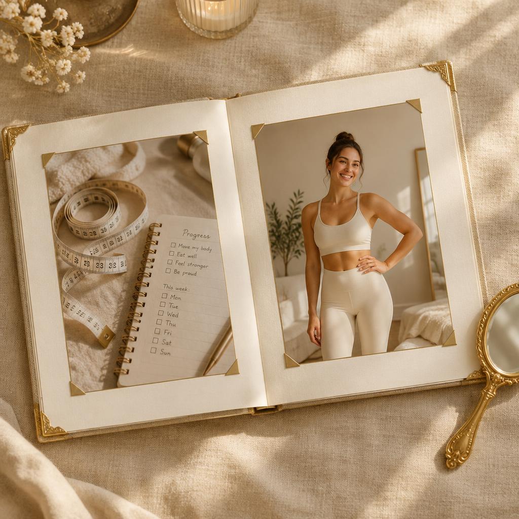 Open album with a progress photo, measuring tape and checklist