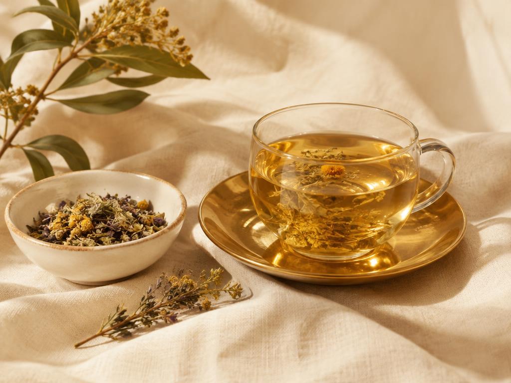 Glass cup of herbal tea on a gold saucer