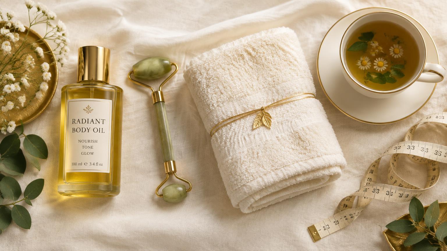 Body oil, roller, towel and herbal tea
