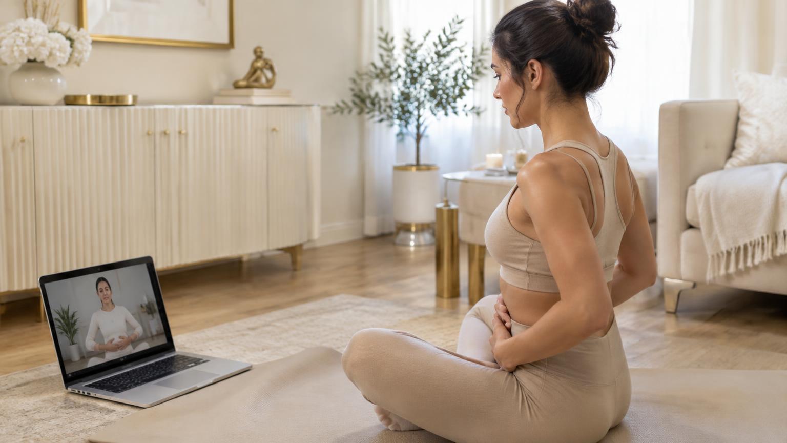 Woman following a video lesson on a laptop at home
